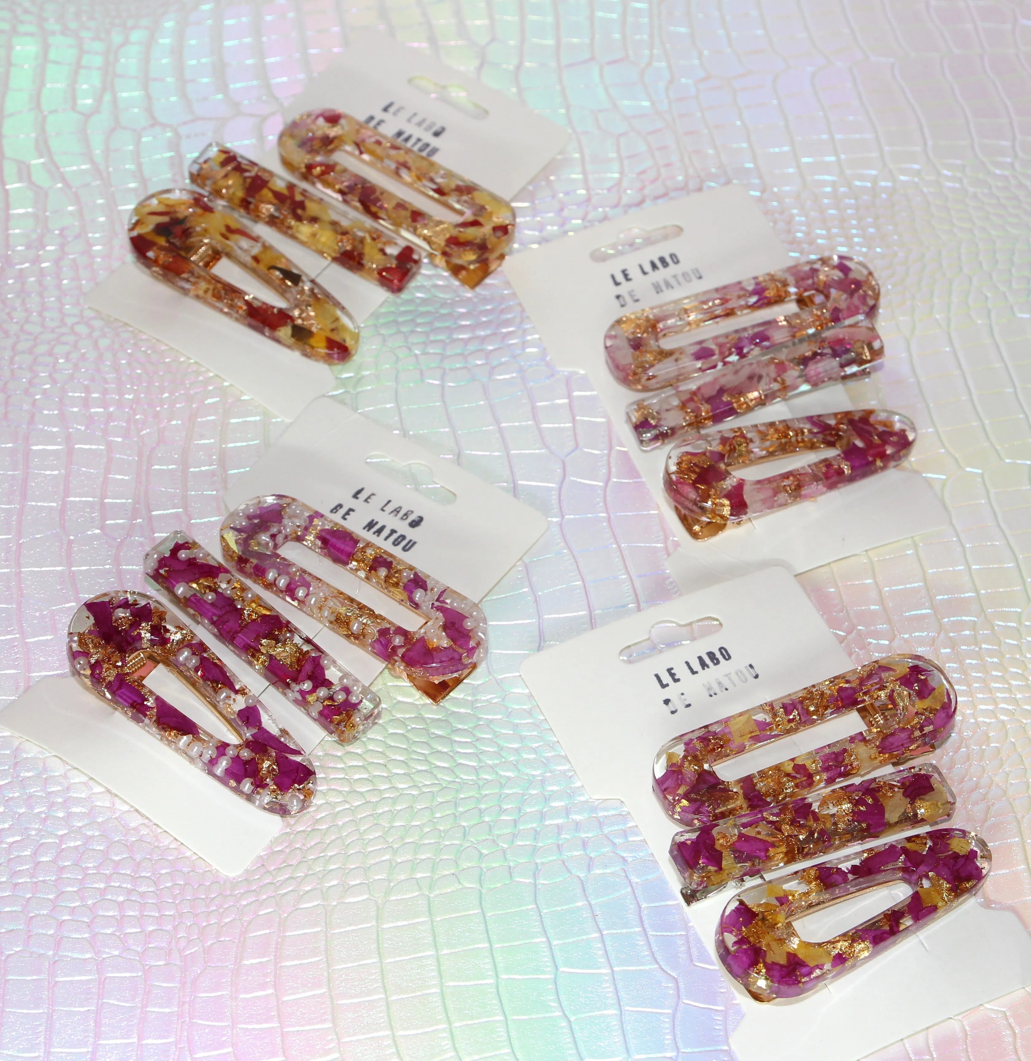 Coffret de 3 Barrettes en Résine & Véritables Fleurs Séchées du Jardin