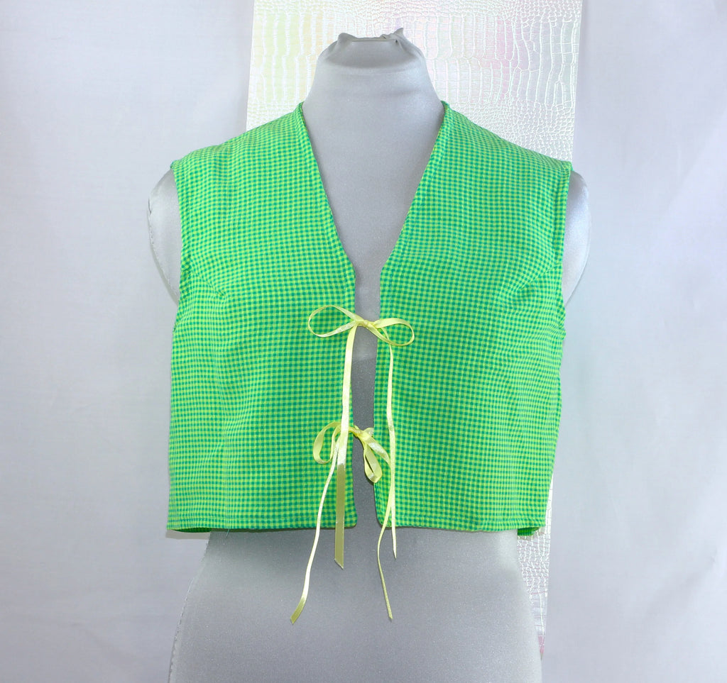 Gilet Cropped Sans Manches "Vichy Vert & Nœuds Jaunes"