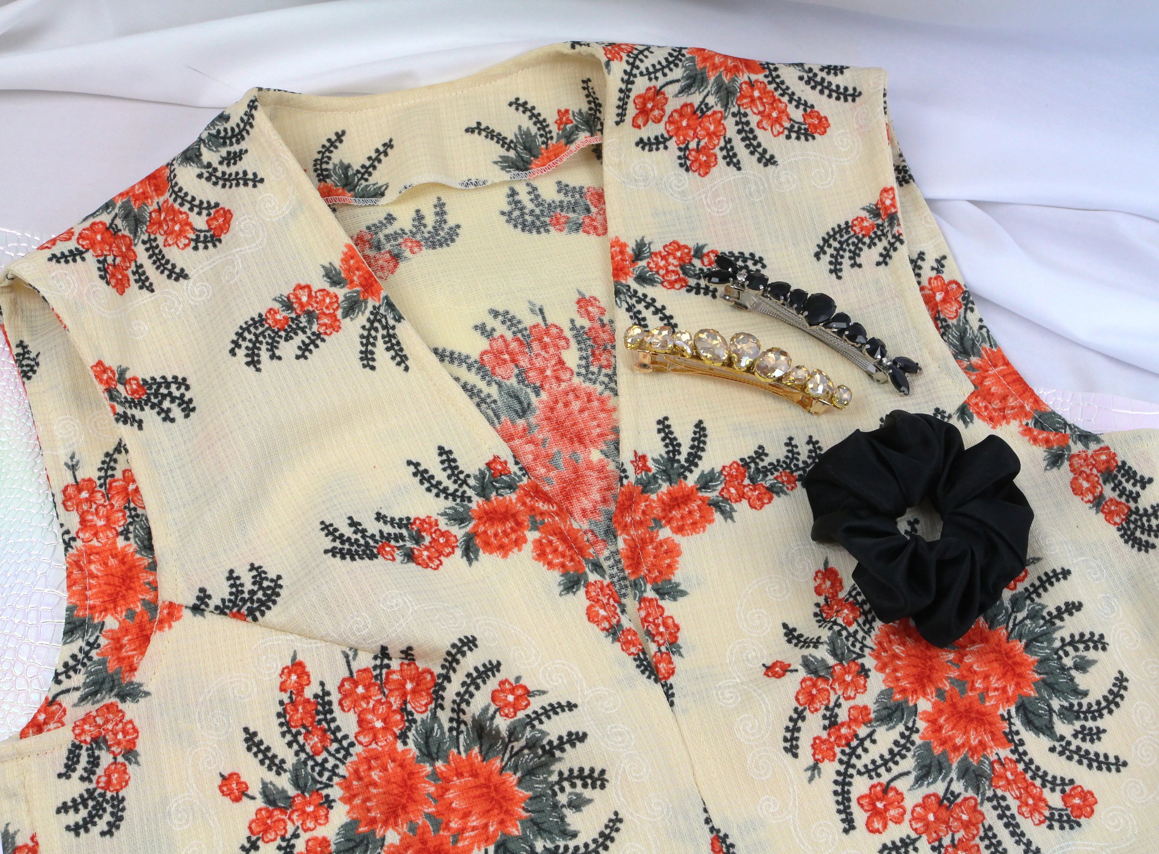 Gilet Court Sans Manches Floral Orange