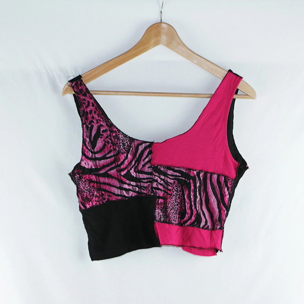 Crop top artisanal léopard rose et noir - Pièce unique