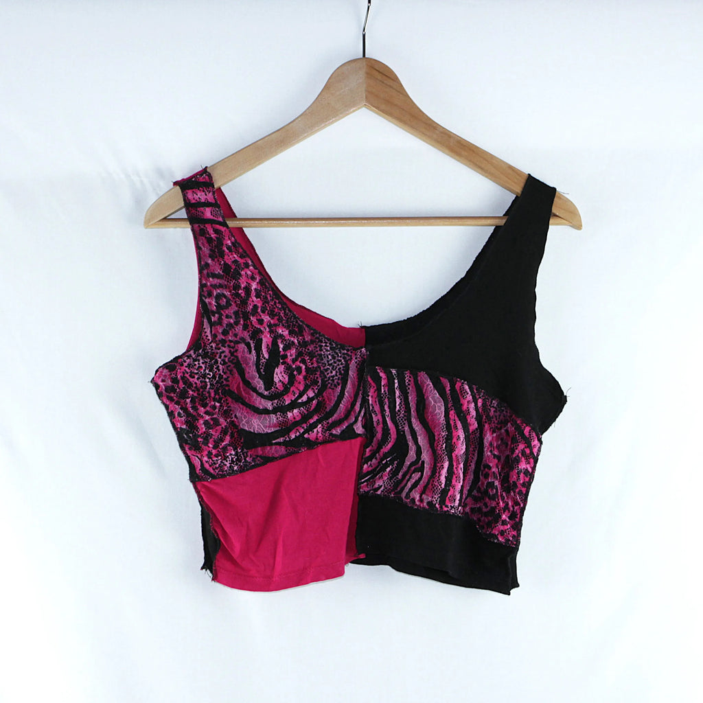 Crop top artisanal léopard rose et noir - Pièce unique