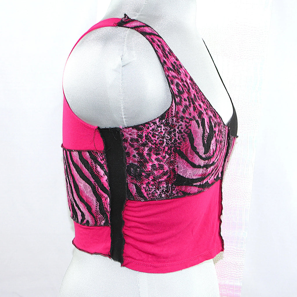 Crop top artisanal léopard rose et noir - Pièce unique