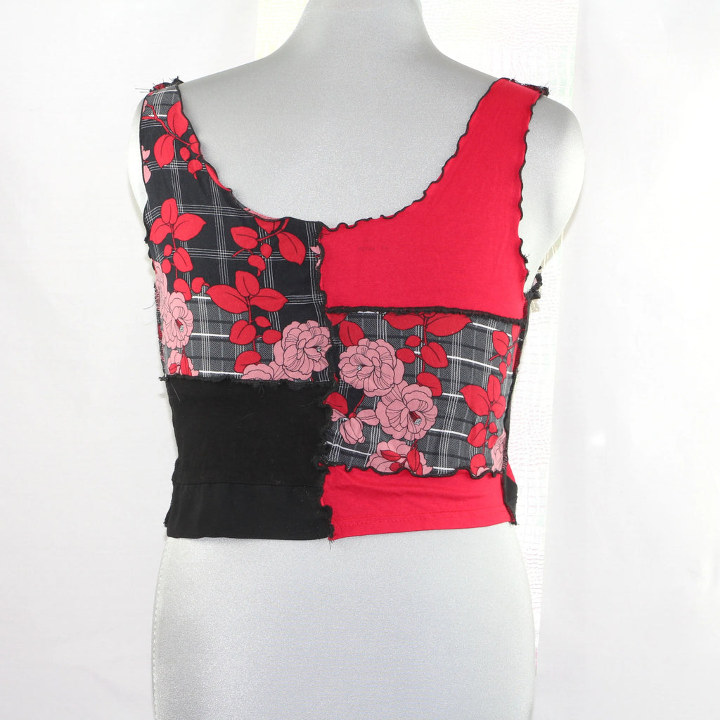 Crop top artisanal carreaux et fleurs roses - Pièce unique