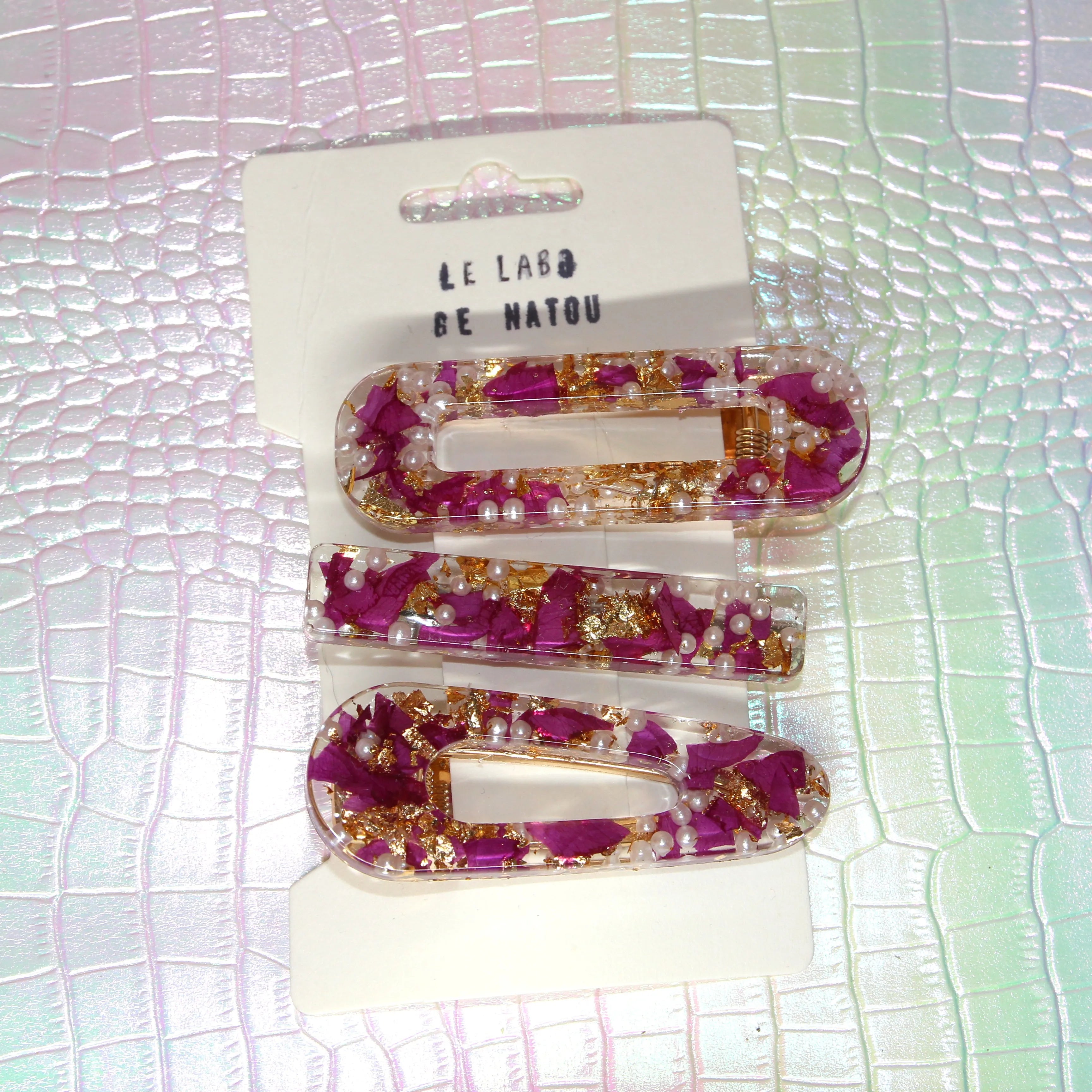 Coffret de 3 Barrettes en Résine & Véritables Fleurs Séchées du Jardin
