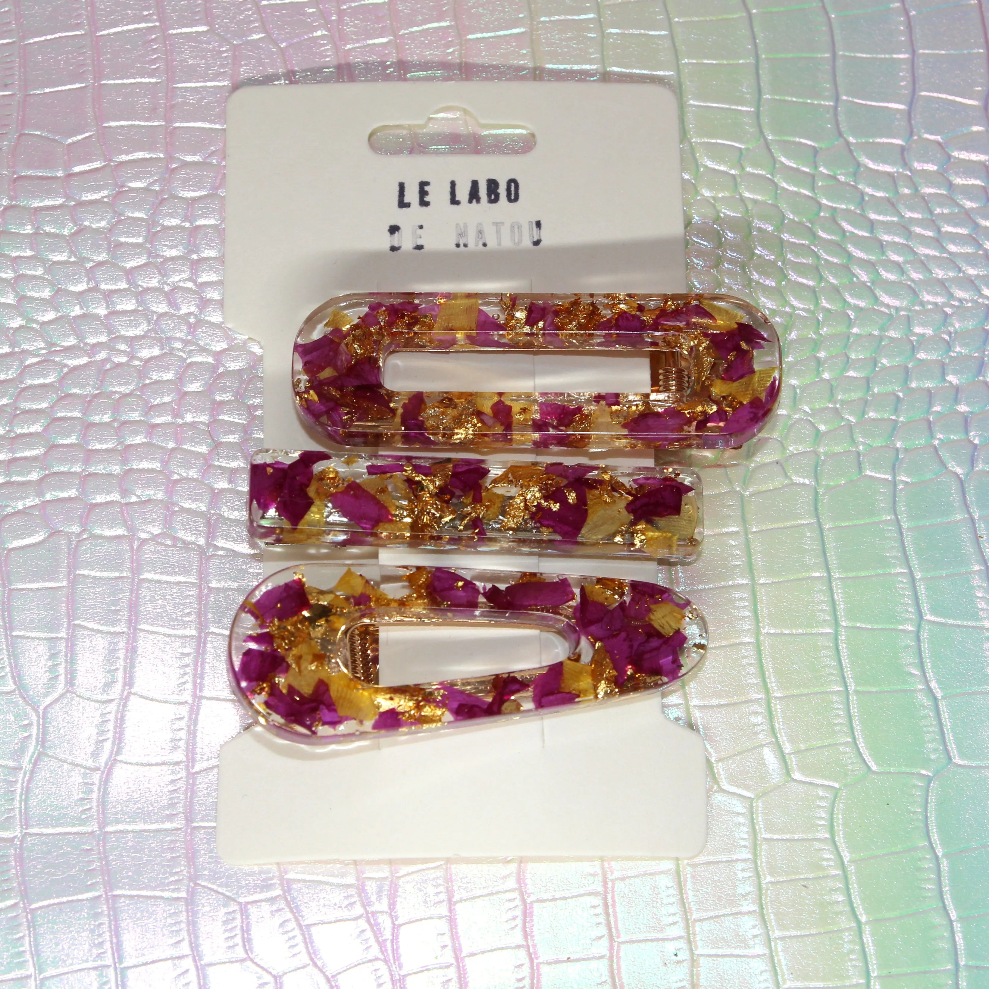 Coffret de 3 Barrettes en Résine & Véritables Fleurs Séchées du Jardin