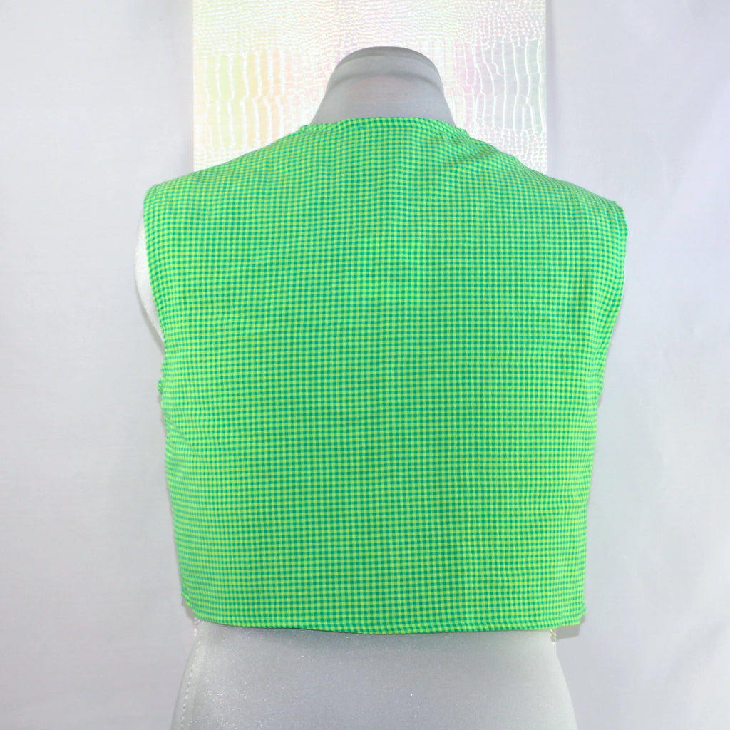 Gilet Cropped Sans Manches "Vichy Vert & Nœuds Jaunes"