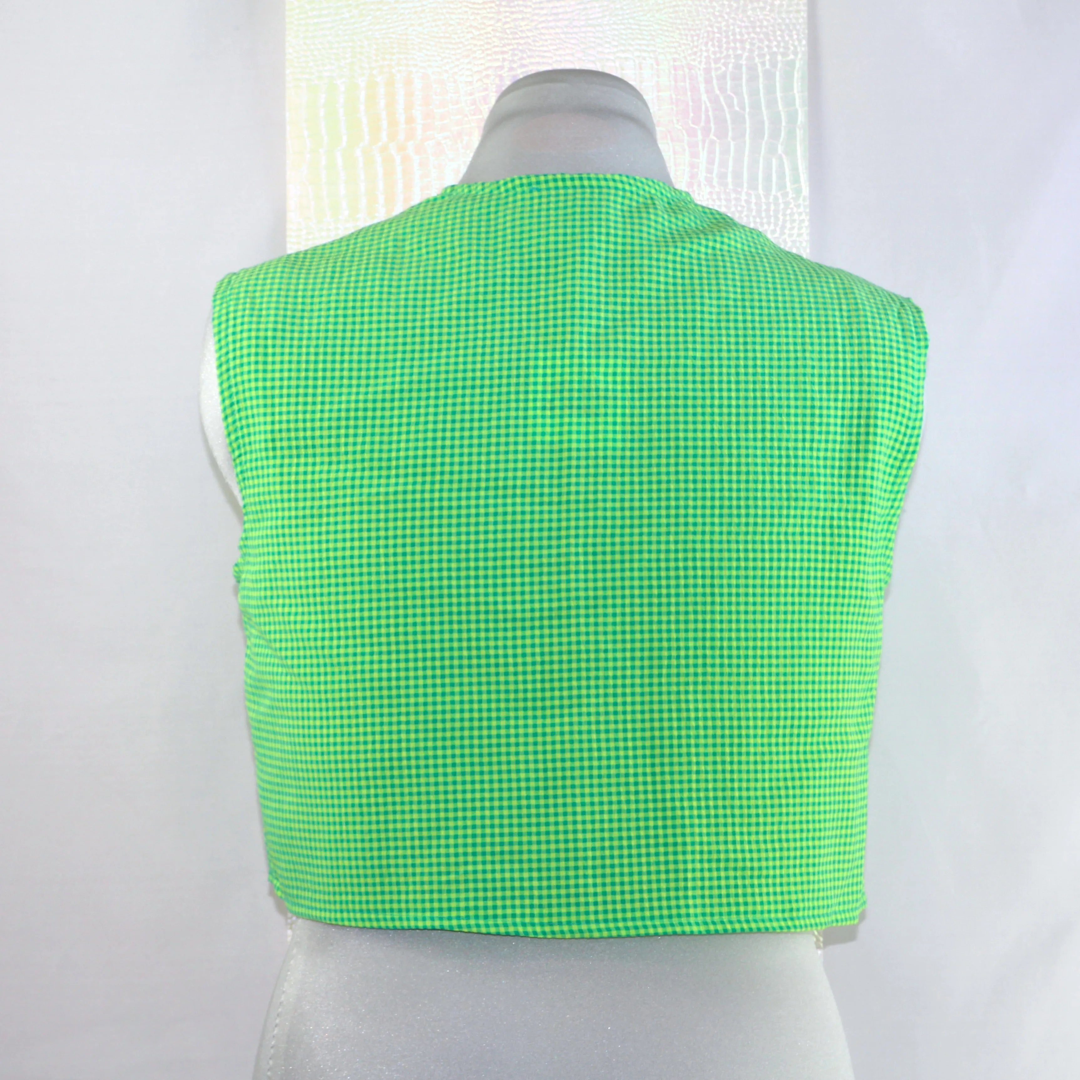 Gilet Cropped Sans Manches "Vichy Vert & Nœuds Jaunes"